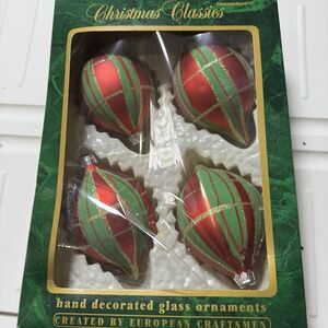 Vintage Commodore Christmas Classics Plaid Glass Ornaments Hand Decorated Set 4